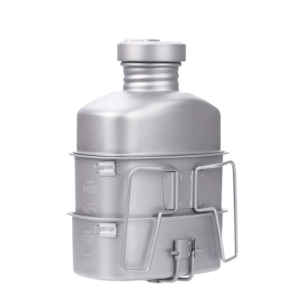 Titanium Canteen Mess Kit with Water Bottle Ultralight Portable 1100ML Pot with 750ML and 400ML Stackable Cups for Outdoor Camp Pot,