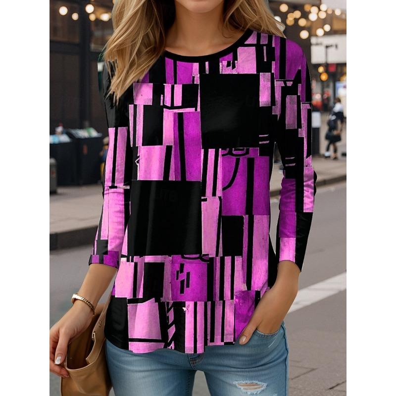 Women's T shirt Long Sleeve Graphic Geometric Vintage Stylish Casual Long Sleeve Crew Neck Regular Tops