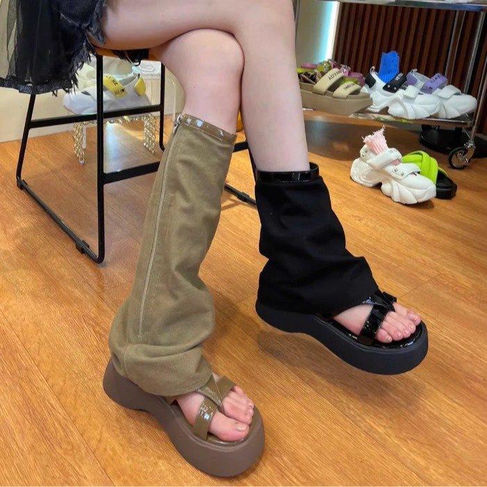 Retro Denim Zehen-Hosenstiefel! Sommersandalen tragen dicke Sohle Wasteland-Stil dünne kühle Stiefel