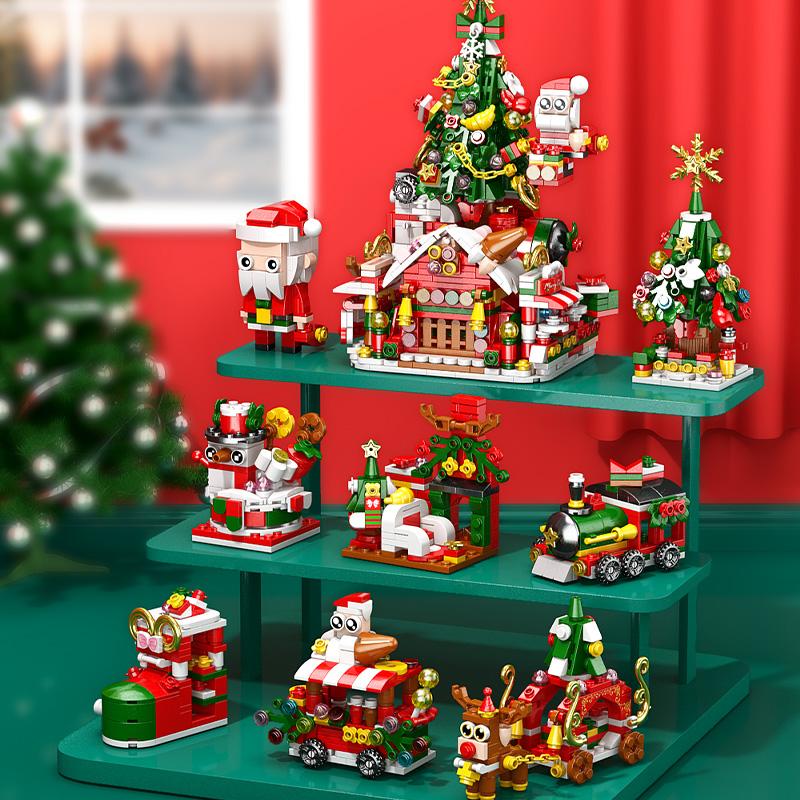8in1 Christmas Tree Elk Deer Santa Claus Train Decorations Architecture Store Street View Xmas Snow House Building Block Kit Toy
