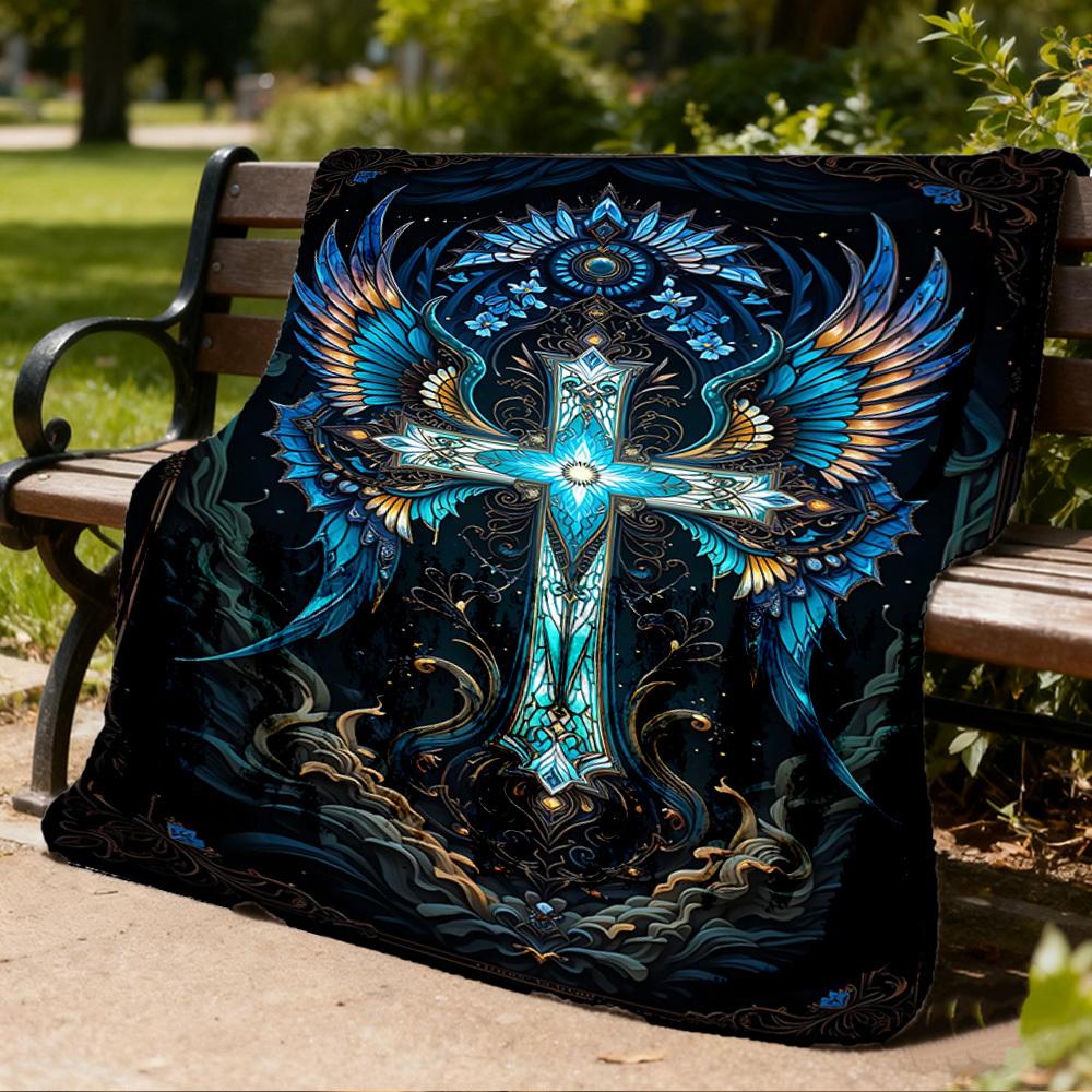 1pc Cross Ornament Throw Blanket Polyester Fiber, Lightweight Flannel, Soft & Warm, All Season Use for Outdoor, Camping Digital Print