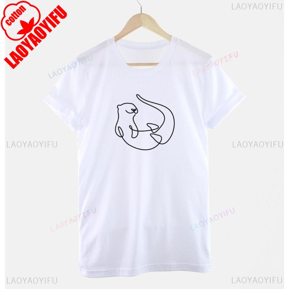 Womens Otter Line Drawing Tshirt Otter Enthusiast Gift Short Sleeve Cute Casual Summer Round Neck Cotton Women Tee Tops