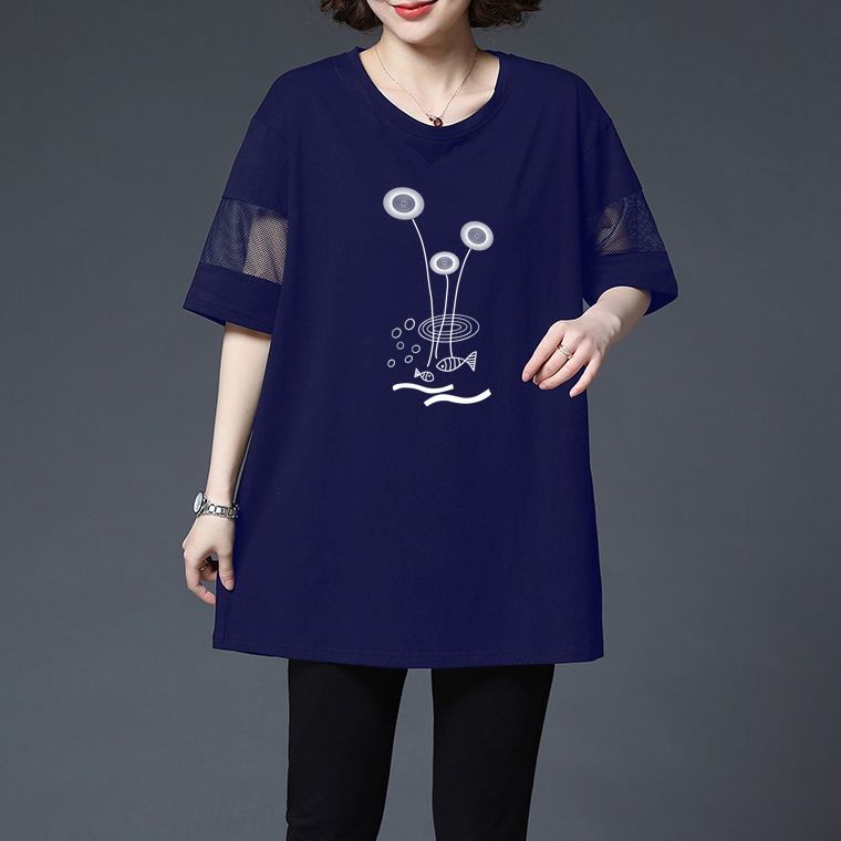 Mittleres und langes Oberteil zum Bedecken des Bauchs, kurzärmeliges Sommer-T-Shirt mit Netz-Patchwork für Mütter mittleren Alters und lockeres, großes, schmales Oberteil