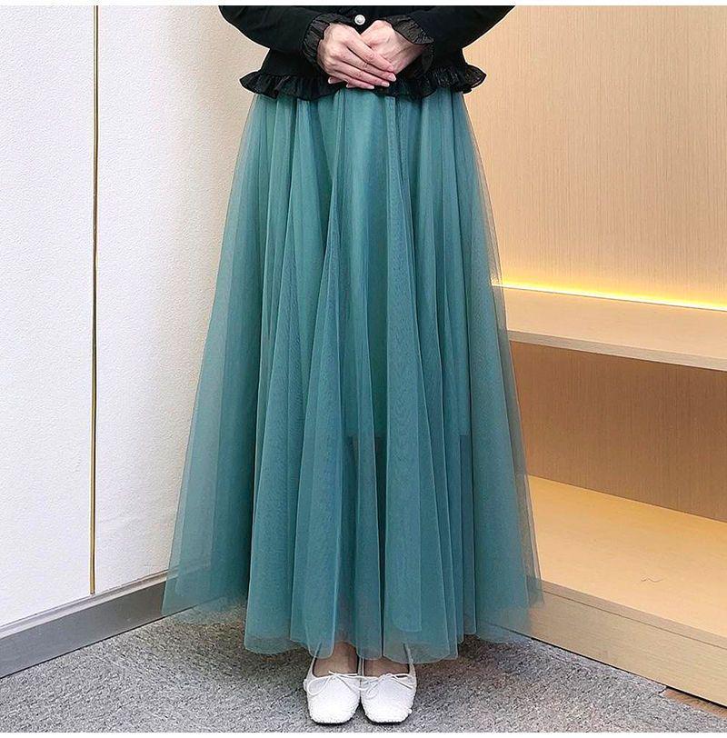 Korean High-Waist Mid-Length Tulle A-Line Skirt - Spring/Summer Pleated Mesh Design