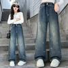 Girls Bow Jeans Pants Spring Kids Elastic Straight Denim Pants Autumn Teen Bowknot Print Wide-leg Trousers Fashion Elastic Pants