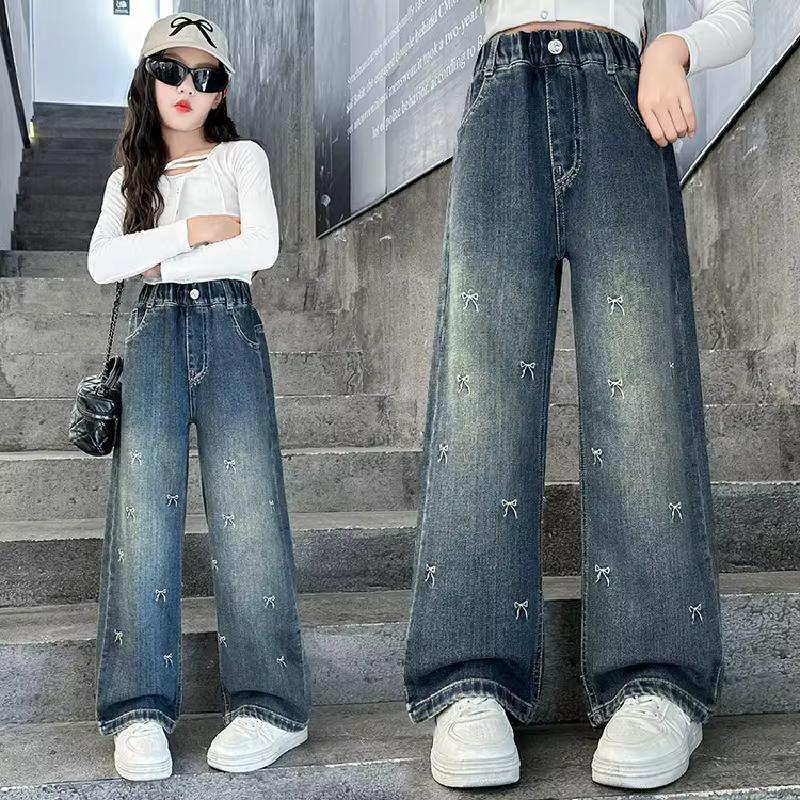 Girls Bow Jeans Pants Spring Kids Elastic Straight Denim Pants Autumn Teen Bowknot Print Wide-leg Trousers Fashion Elastic Pants