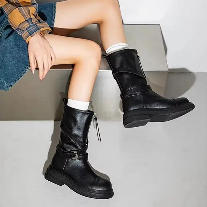 Fashion Black Zipper Platform Half High Boots for Women Waterproof Goth Footwear Gothic Trend 2025 New Gyaru Rock Mid Calf Shoes Woman
