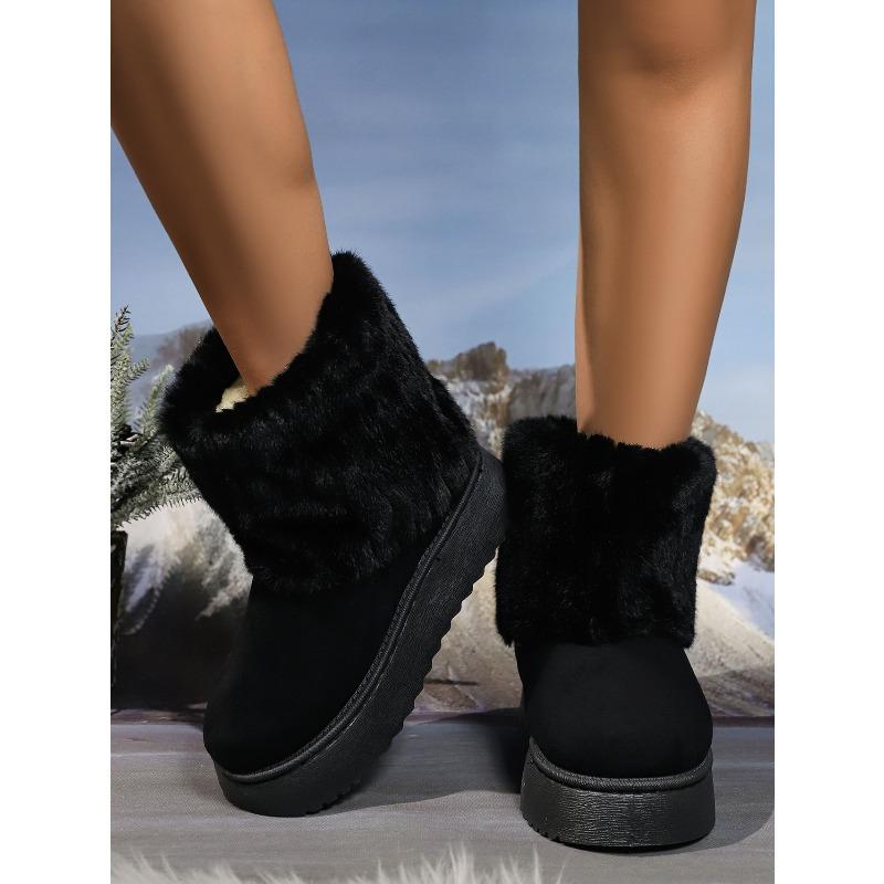 Women's Thick-Soled Snow Boots 2025 Winter New Style Fashionable Fleece-Lined Warm Mid-Calf Boots Turned-Up Legs with Fur Trim