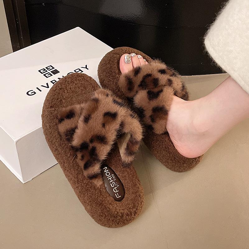 Dicksohlige flauschige Hausschuhe Damenschuhe 2025 Herbst und Winter neu große Größe doppelgestreift offen Zehen Samt Baumwollhausschuhe