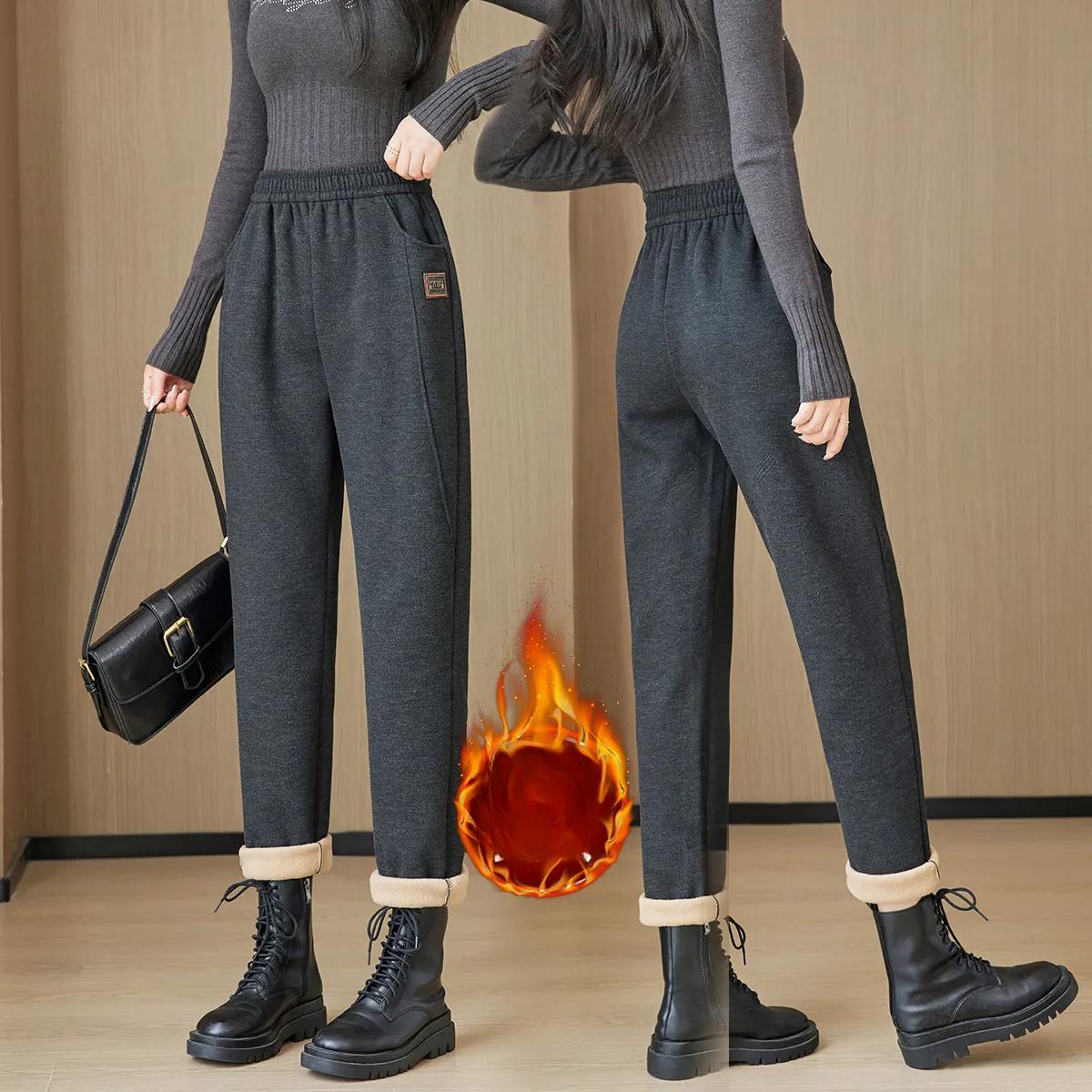 

Удобные повседневные брюки Зимние утепленные повседневные брюки Свободные и тонкие Прямые брюки Женские эластичные брюки Большого размера S чёрный