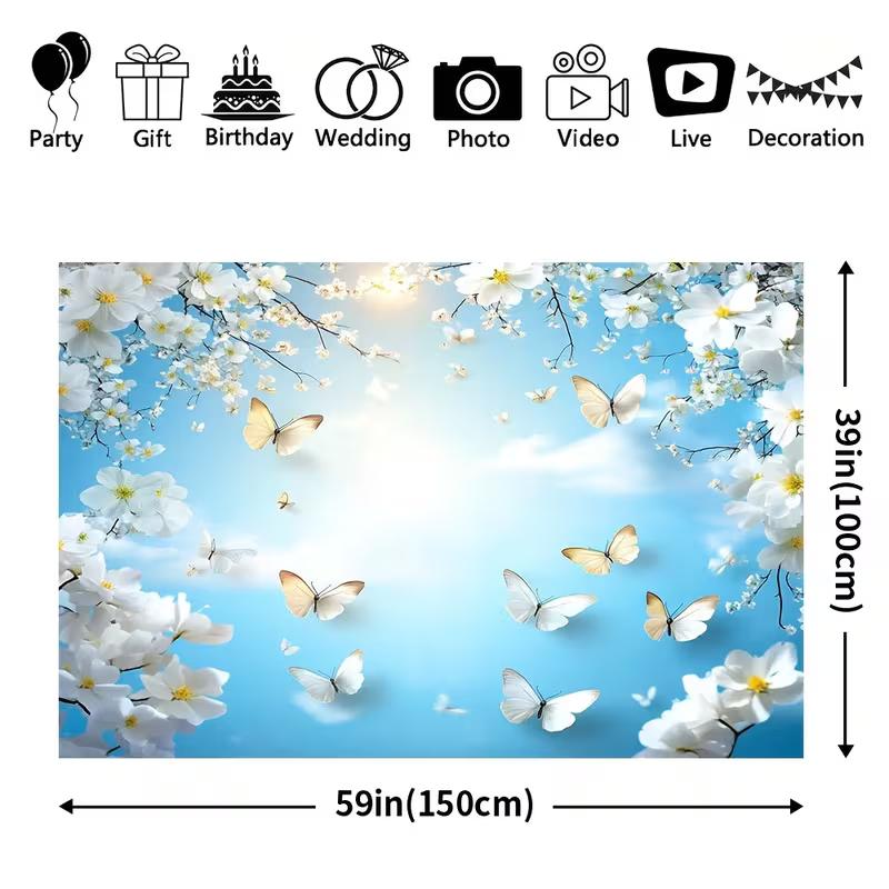 

2D Spring Cherry Blossom Backdrop - White Flowers & Butterflies Photography Background Banner for Party Decor 47.2x31.5inch/120*80cm