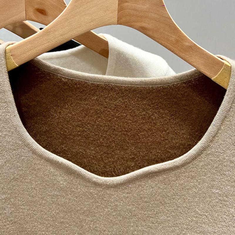 Fleecové zahuštěné pletené svetry Dámské Jednobarevné termoprádlo Topy Dámská zimní móda Košile s nízkým výstřihem