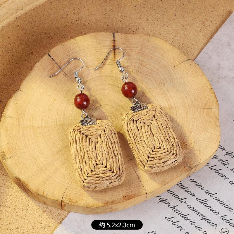 Vintage vacation style grass vine woven earrings Bohemian seaside niche exaggerated stud earrings women's earrings