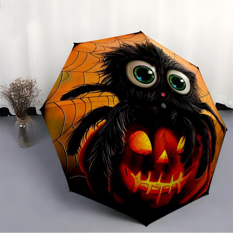 1pc Halloween Spider Automatic Folding Umbrella, Lightweight Retractable Compact Travel Umbrella, 8-Rib Sturdy Frame114