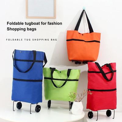 Foldable Roller Shopping Bag with Rotary Wheels Large Capacity Great Load Bearing Straps Waterproof Fabric Smooth Zipper Retractable Trailer