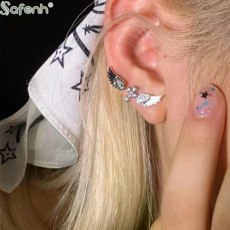 Luxury Vintage Angel Wings Cross Earrings Women Shiny Statement Jewelry for Party Night and Daily Occasions