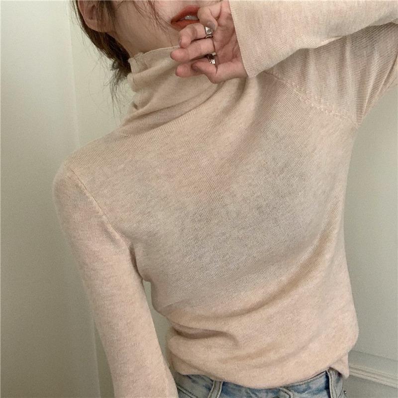 Piled Collar Solid Color All-match Knitted Sweater Women's Autumn and Winter Western-style Slim-fit Coat Inner Knitted Base Shirt