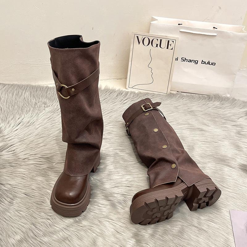 But knee leather boots retro heightening knight boots long boots women's autumn and winter fashion trouser boots