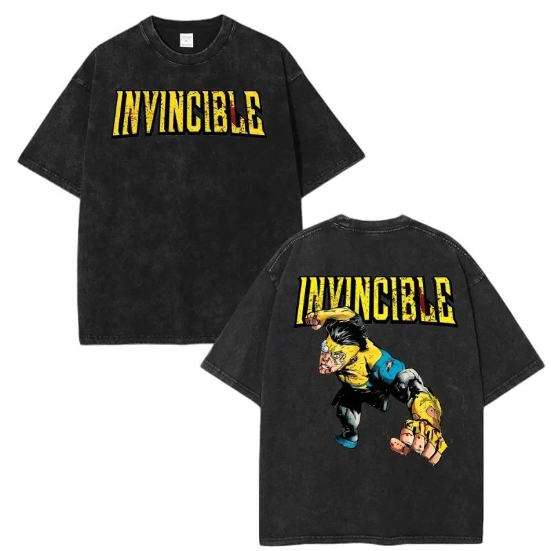 Invincible Graphics Unisex Heavyweight Cotton Vintage Washed T-shirt 2026 Summer New Men's Fashion O-neck American Anime T-shirt Female Male Clothing