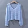 Summer Women's Ice Silk Cardigan Thin Long Sleeve Top Loose V-neck Hollow Out Knitted Sweater