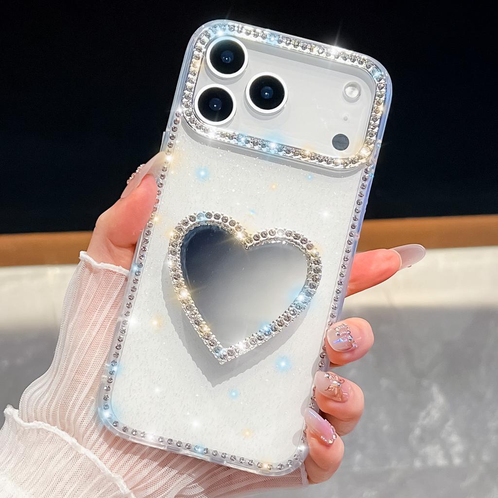 Diamond Frame Glitter Clear Phone Case For Iphone 16 Plus 15 14 13 Pro Max 16e 16promax 15promax 3D Love Heart Mirror Holder