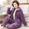 Autumn Winter Women's Padded Thick Coral Fleece Coat and Pants Two-piece Warm Pajamas Set Loungewear