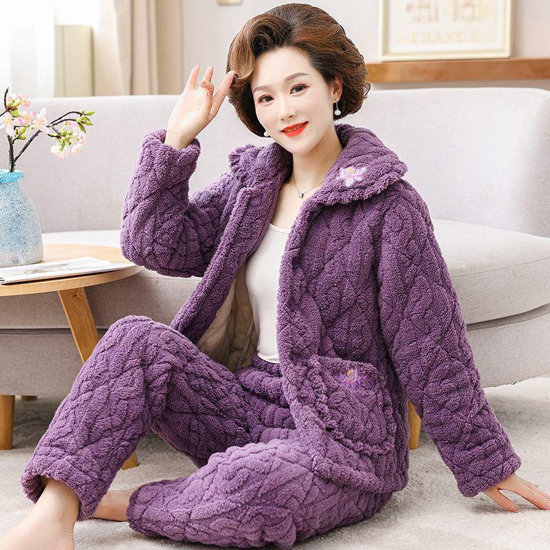 Autumn Winter Women's Padded Thick Coral Fleece Coat and Pants Two-piece Warm Pajamas Set Loungewear