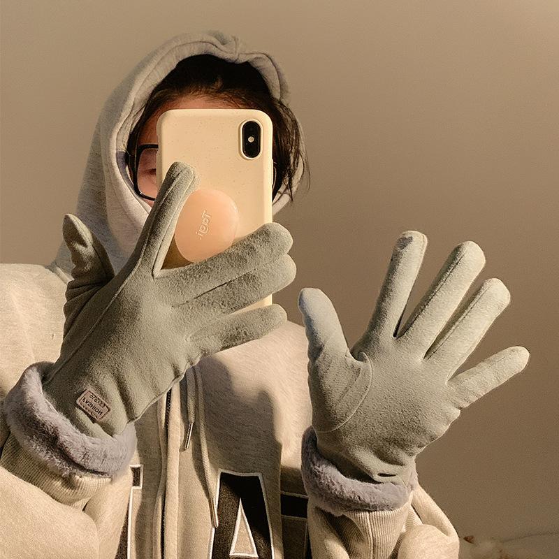 Suede gloves winter women's fleece thickened
