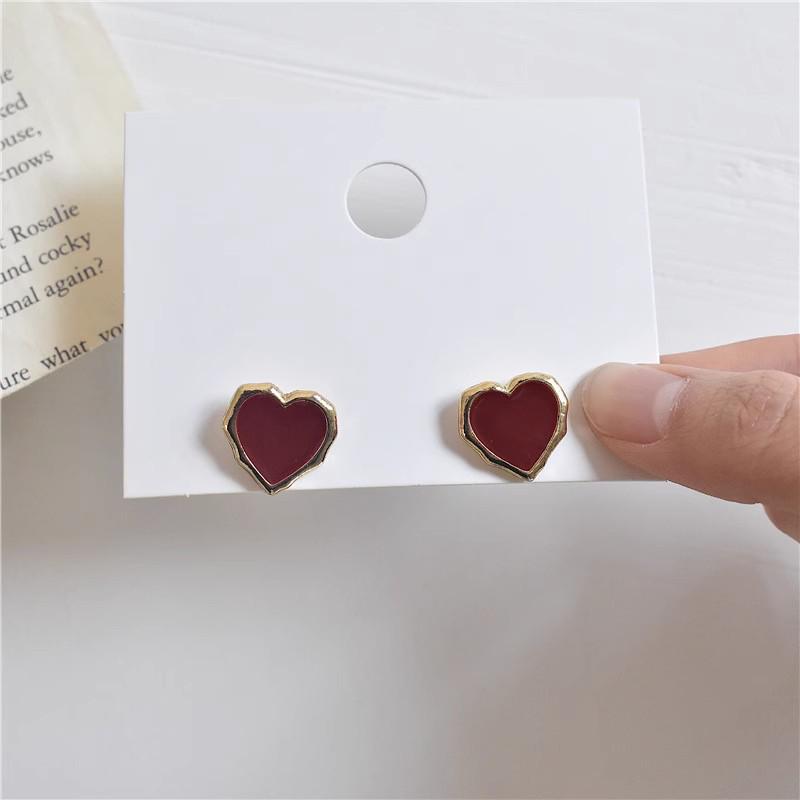 Korean Style S925 Silver Needle Wine Red Heart Stud Earrings - High-End, Versatile, Women's Simple Design with Drip Oil.