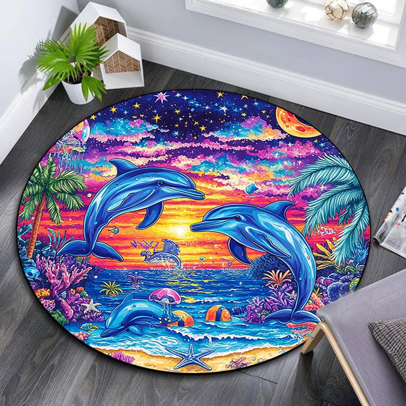 Dolphins Sunset Round Area Rug,Carpet Rug for Living Room Bedroom Sofa Playroom Decor,Non-slip Floor Mat