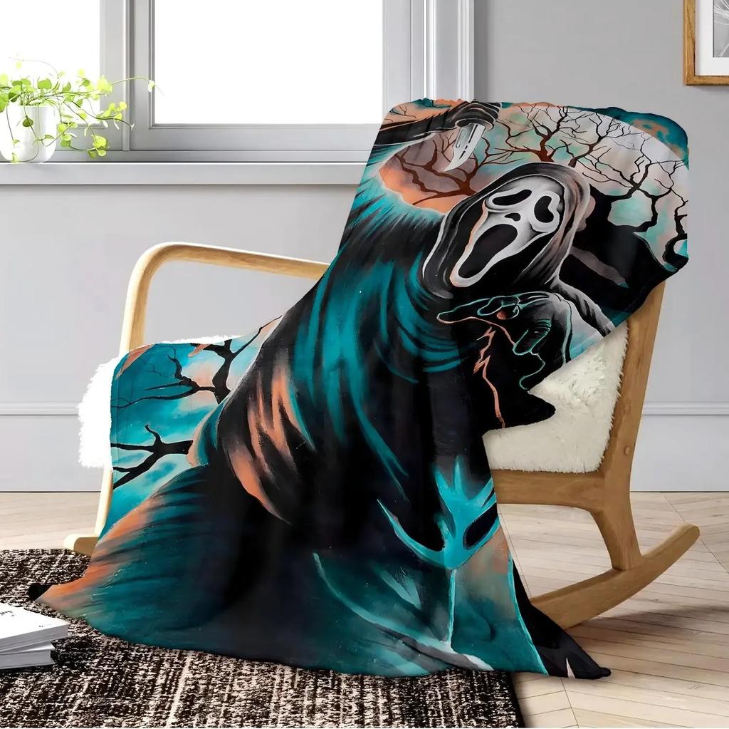 Spooky Halloween Arts Throw Blanket – Ghost, Skull & Horrible Mask Print for Couch, Bed, Car, Home, Camping, All-Season