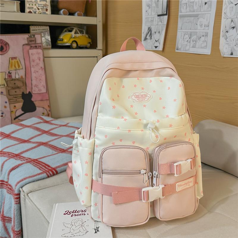 Süßer Nylon-Rucksack für Damen – Kawaii Stern & Punkt Muster Schultasche mit mehreren Taschen und verstellbaren Trägern, Perfekt für den täglichen Gebrauch