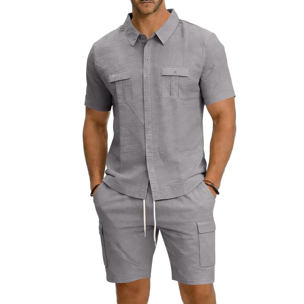 Men's Linen Solid Color Casual Holiday Shirt and Shorts Set