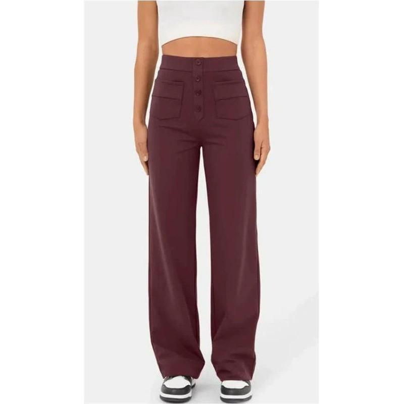 Women's High Waist Wide Leg Pants with Button Detail In Red Brown