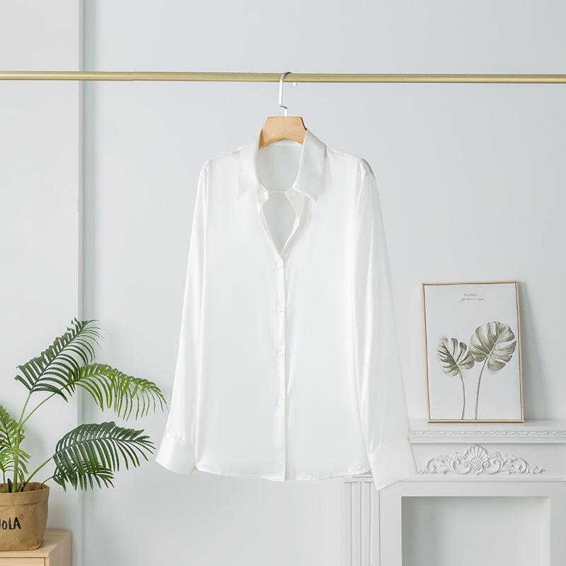 Women's Mulberry Silk White Satin Shirt - Long-Sleeved, Loose Fit, Elegant Commute Top