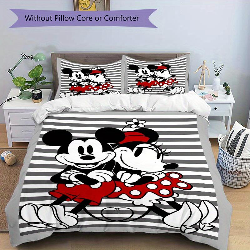 3pcs Gray Striped Minnie Mickey Bedding Set Includes 1 Quilt Cover and 2 Pillowcases, Comfortable Bedding S049