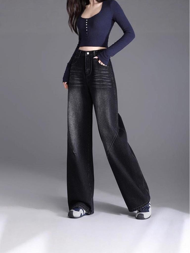 Women's High Waist Velvet Straight Leg Jeans - 2025 Trendy Narrow-Wide Pants for Autumn & Winter