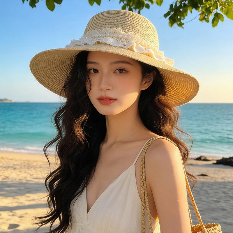 

Vintage elegant French top hat seaside beach vacation straw hat sunshade sunscreen hat M（56-58cm）