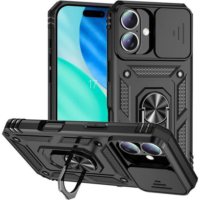 Coque de protection pour téléphone - Protection Ultra Résistante - iPhone 17 - Noir - Antichoc - Avec Anneau