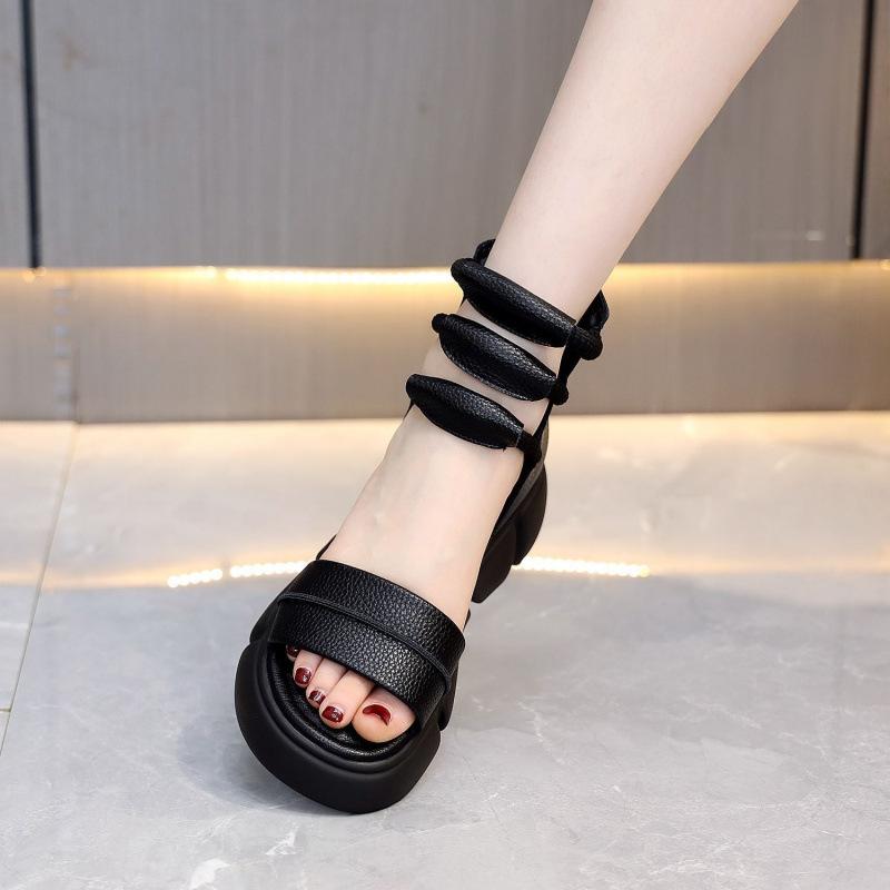 Leather Hollow Roman Sandals for Women In Summer 2025, High-heeled Fish Mouth Muffin Sandals