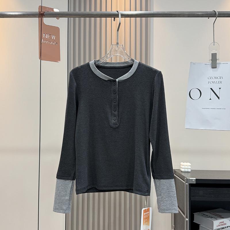 Autumn Slim-fit Color-block Fake Two-Piece Henley Long-Sleeve T-shirt for Women