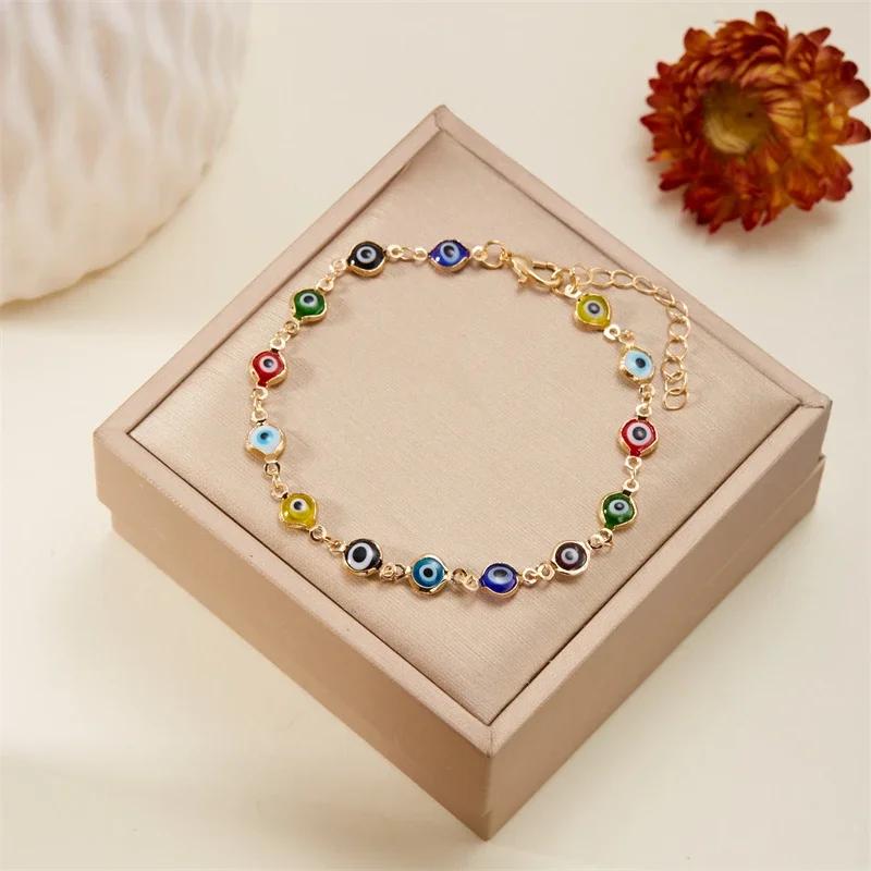 Simple Lucky Turkish Evil Eye Bracelet For Women Fashion Colorful Eye Adjustable Metal Chain Friendship Jewelry