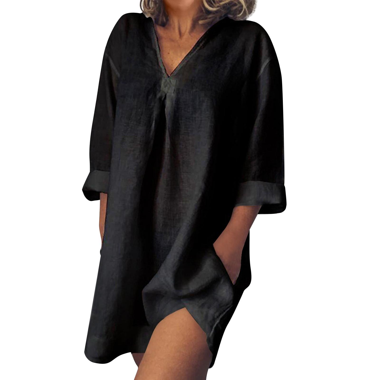 Женское однотонное повседневное платье из хлопка и льна с v-образным вырезом и рукавами — фото 3