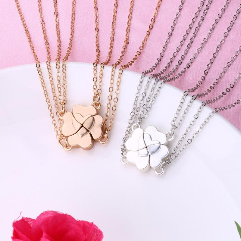 4 Piece Four Leaf Clover Stitching Necklace Magnet Stone BFF Friendship Heart Pendant Chain Choker Necklace Jewelry