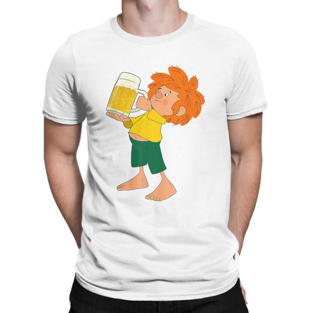 Men T-Shirt Pumuckl Drinks Beer Vintage Pure Cotton Tee Shirt Short Sleeve Anime Cartoon T Shirts Crew Neck Clothing Plus Size