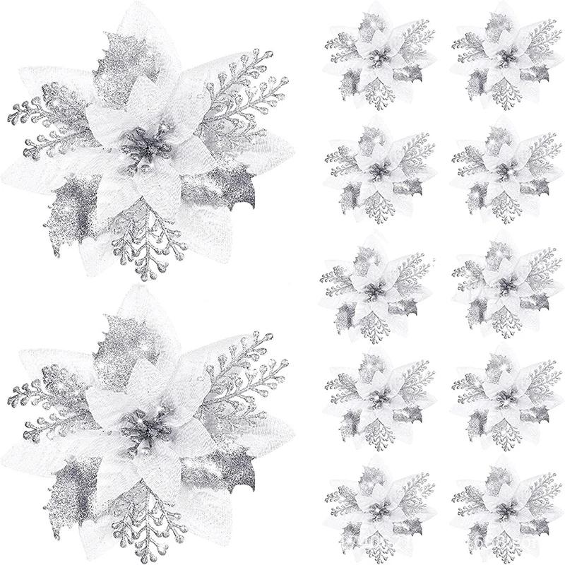 

2025 Christmas Decoration Artificial Flowers Xmas Tree Ornaments for Home Decor Fake Flowers Navidad New Year 2026 Supplies 5pcs серебряный