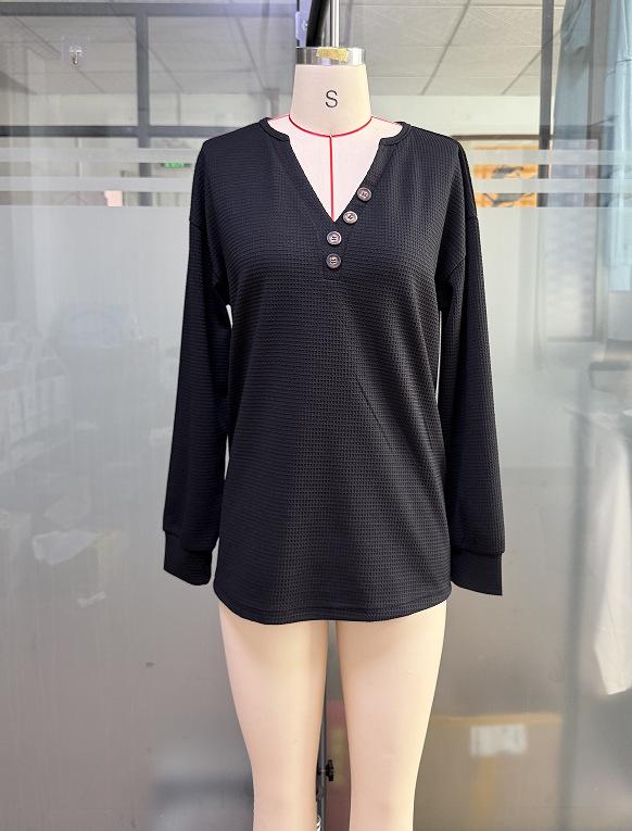 2025 Women's Autumn/Winter V-Neck Button Waffle Long-Sleeve Casual Sweatshirt