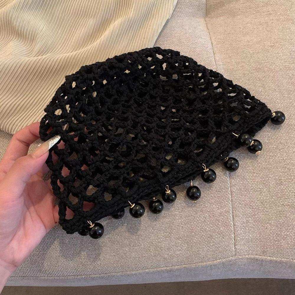 Pearl Fringed Crochet Hat Hollowed Out Woven Hat Casual Beret Cap  Bride Headpiece