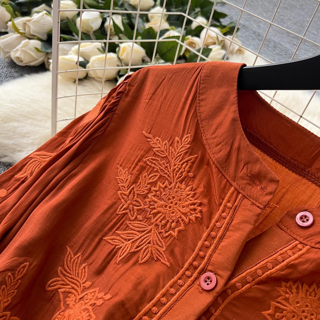 Vintage Elegant Embroidered Button Dress A-line Chic Casual Beach Vacation Women Summer Dresses
