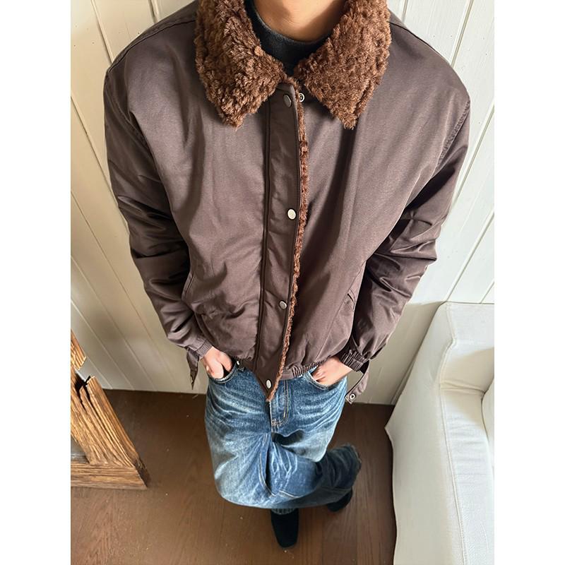 EME Yisheng Yi Men's American Style Winter Bomber Jacket with Fur Collar and Patchwork Design